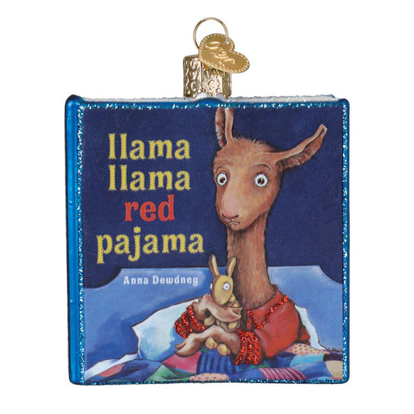 Book ornament titled 'Llama Llama Red Pajama' with a llama and rabbit illustration on a blue background.