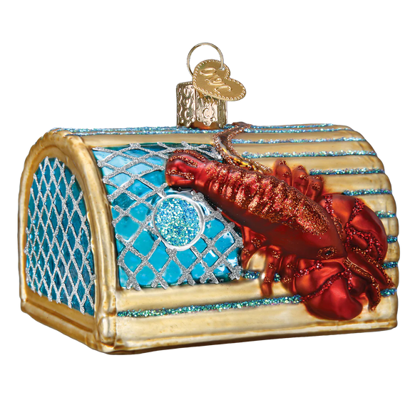 Decorative glass ornament of a lobster tarp on a white background