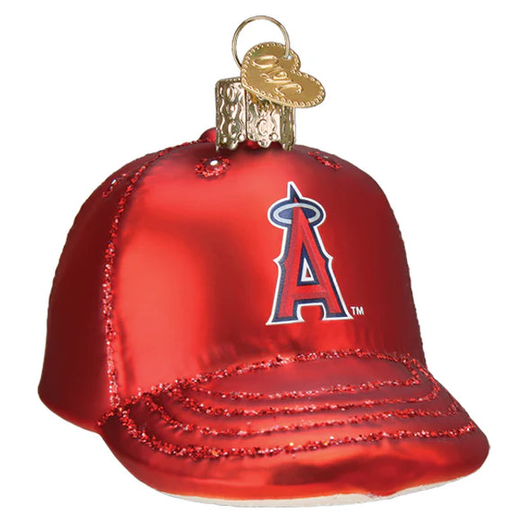 Red glass ornament shaped like a baseball cap with an A's logo on a white background