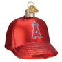 Red glass ornament shaped like a baseball cap with an A's logo on a white background