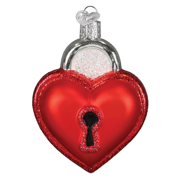A bold red heart-shaped lock with glittered trim and classic keyhole detail, symbolizing devotion and lasting connection. 