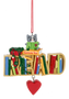Love to Read ornament shaped like a bookshelf word sign, filled with colorful books, topped with a gray cat in glasses and an apple, with a red heart hanging below.