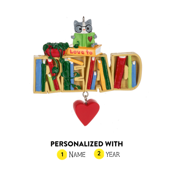 Personalized Love to Read Christmas ornament with colorful books, reading cat, greenery, red heart, name and year options