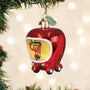 Lowly Worm Applecar Christmas ornament of a red apple with a worm inside, hanging on a tree.