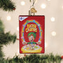 Lucky Charms cereal box ornament hanging on a Christmas tree with lights in the background.