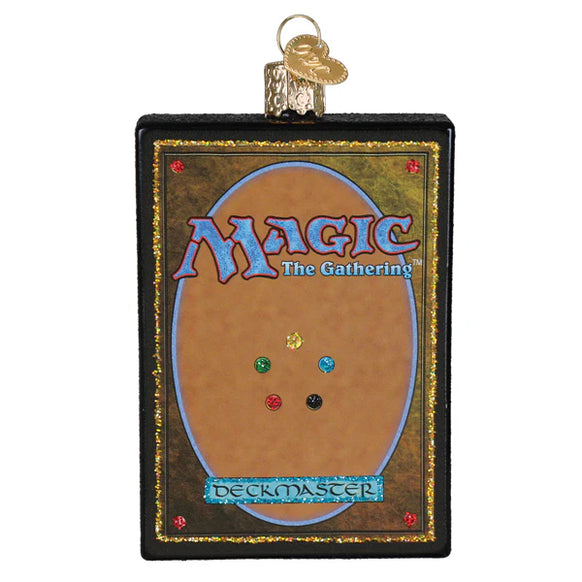 Decorative ornament resembling a 'Magic: The Gathering' card with colorful gems on a white background.
