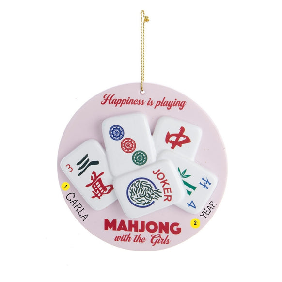 Personalized Mahjong with the Girls ornament with a pink round background, colorful mahjong tiles, and sample name and year personalization.