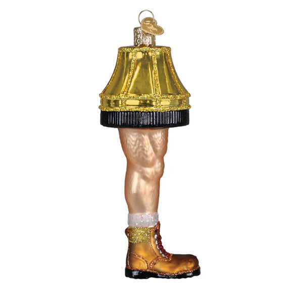 Decorative ornament shaped like a man leg with a lampshade and boot on a white background