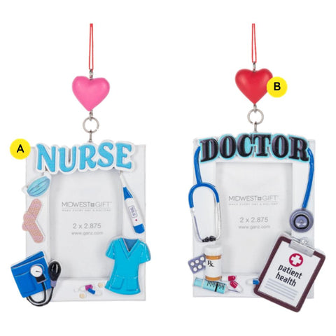 Two medical picture frame ornaments shown side by side, including a nurse frame with scrubs, thermometer, bandages, and stethoscope accents, and a doctor frame with stethoscope, clipboard, syringe, and prescription bottle accents.