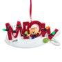 Decorative ornament with 'Meow' in red letters, a cat, and Christmas lights on a white background.
