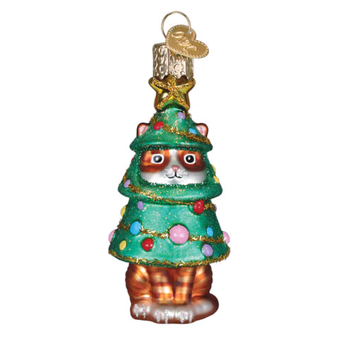 Christmas ornament shaped like a cat wearing a green tree outfit with decorations on a white background.