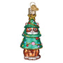 Christmas ornament shaped like a cat wearing a green tree outfit with decorations on a white background.
