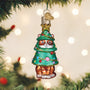 Christmas ornament of a cat in a tree with festive decorations, hanging on a Christmas tree.