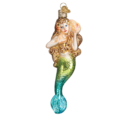 Mermaid ornament with gold hair and blue tail on a white background