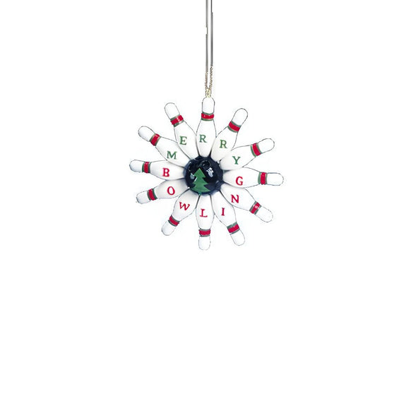 Bowling pin wreath ornament with white pins arranged around a green center and red letters spelling Merry Bowling.