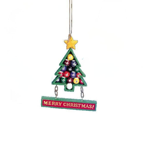 Pool table ornament with billiard balls arranged in a Christmas tree shape, yellow star topper, and Merry Christmas sign.