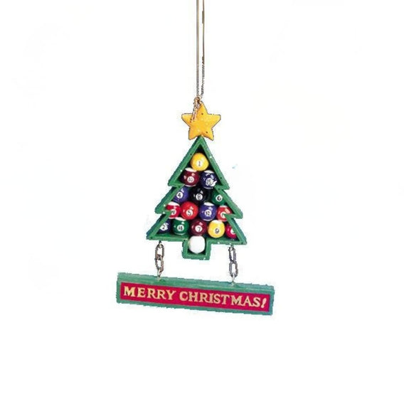 Pool table ornament with billiard balls arranged in a Christmas tree shape, yellow star topper, and Merry Christmas sign.