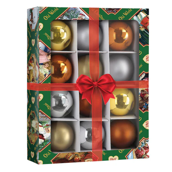 Boxed Old World Christmas Metallics Balls 12-count ornament set with 1.5" mini round ornaments in silver, gold, bronze, and warm metallic tones.