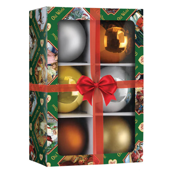 Boxed Old World Christmas Metallics Balls 6-count ornament set with 3.5" shiny round ornaments in silver, gold, bronze, and yellow-gold tones.