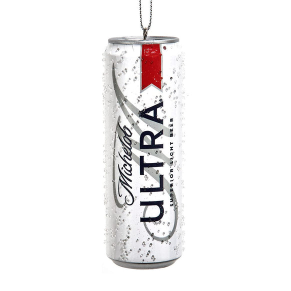 Budweiser® Michelob Ultra ornament shaped like a slim silver beer can with blue lettering, red detail, and a textured frosty finish.