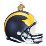Glass ornament shaped like a Michigan football helmet with blue and yellow colors on a white background