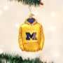 Michigan Yellow hoodie ornament with a blue 'M' on a Christmas tree.