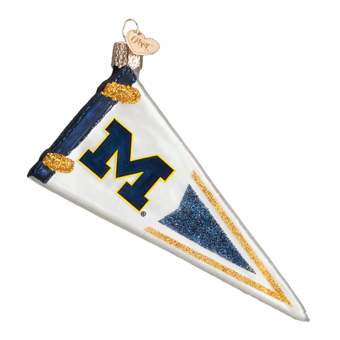  Decorative ornament shaped like a pennant with a large 'M' for Michigan on a white background