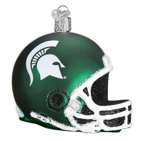 Michigan State Green football helmet ornament with white logo on a white background