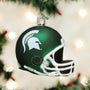 Michigan State Green football helmet ornament with Spartan logo on a Christmas tree.