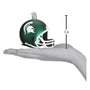 Michigan State Green helmet ornament with white logo on a hand, showing size with a 3-inch measurement.