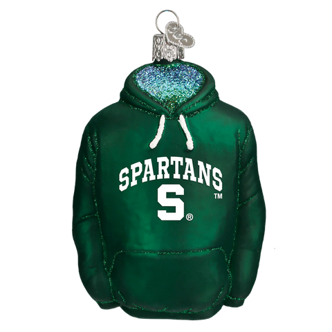 Green Spartans hoodie ornament with a blue interior on a white background