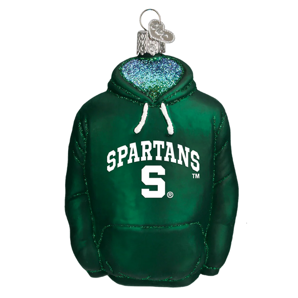 Green Spartans hoodie ornament with a blue interior on a white background