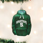 Green hoodie ornament with 'SPARTANS' text on a Christmas tree.