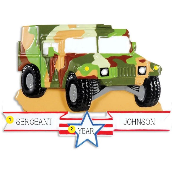 Personalized military vehicle ornament featuring a camouflage army-style truck above a white banner with a blue star for custom personalization.