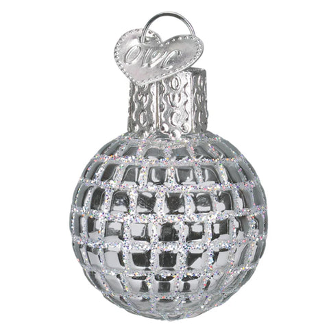 Decorative glass ornament shaped like a disco ball on a white background