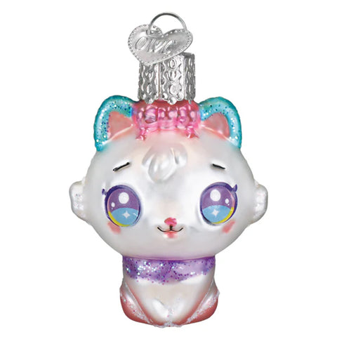Decorative Kawaii cat ornament with colorful eyes and a bow on a white background