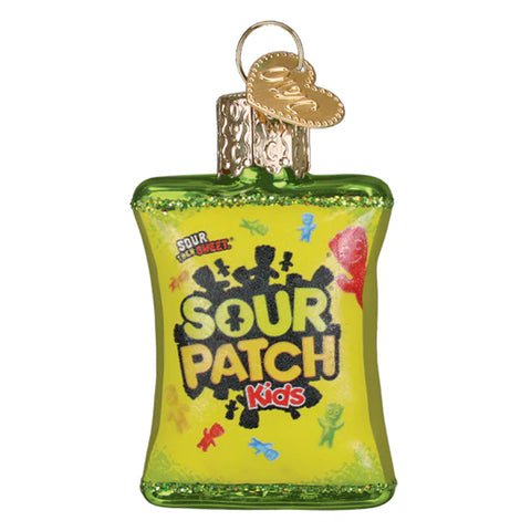 Mini Sour Patch Kids candy ornament on a white background