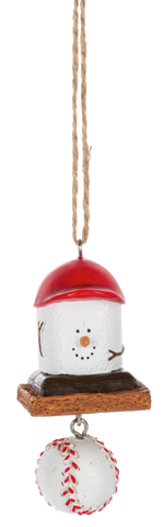 Mini Baseball S’mores ornament featuring a marshmallow character on a graham cracker-style base with a dangling baseball accent.