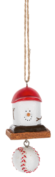 Mini Baseball S’mores ornament featuring a marshmallow character on a graham cracker-style base with a dangling baseball accent.