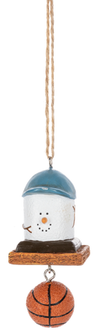 Mini Basketball S’mores ornament featuring a marshmallow character on a graham cracker-style base with a dangling Basketball accent.
