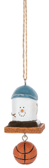 Mini Basketball S’mores ornament featuring a marshmallow character on a graham cracker-style base with a dangling Basketball accent.