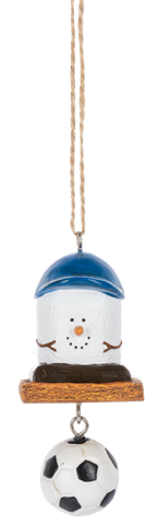 Mini Soccer S’mores ornament featuring a marshmallow character on a graham cracker-style base with a dangling soccer ball accent.