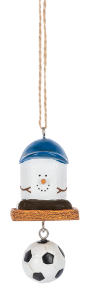 Mini Soccer S’mores ornament featuring a marshmallow character on a graham cracker-style base with a dangling soccer ball accent.
