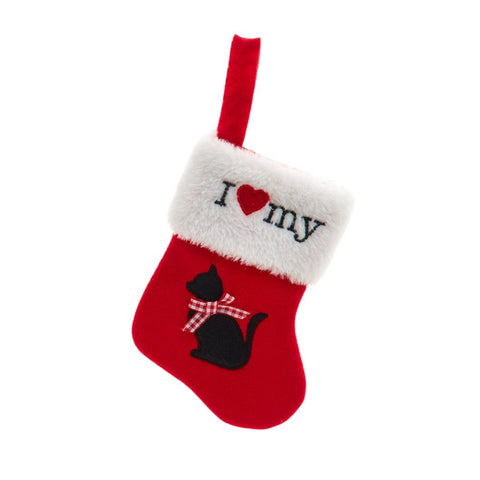 Miniature red velvet cat stocking ornament with white cuff, I love my text, black cat silhouette, and red plaid bow.