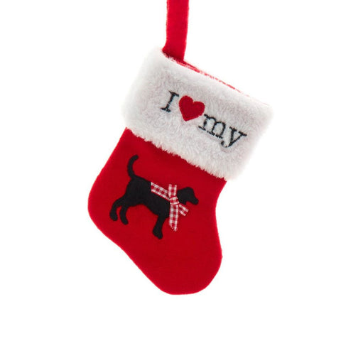 Miniature red velvet dog stocking ornament with white cuff, I love my text, black dog silhouette, and red plaid bow.