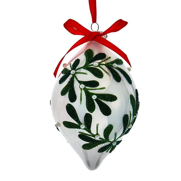 Decorative Christmas ornament with green leaf pattern and red ribbon on a white background