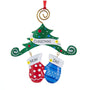 Personalized ornament with two colorful mittens hanging beneath a glittered Christmas tree, with space for two names, a holiday word or phrase, and the year.