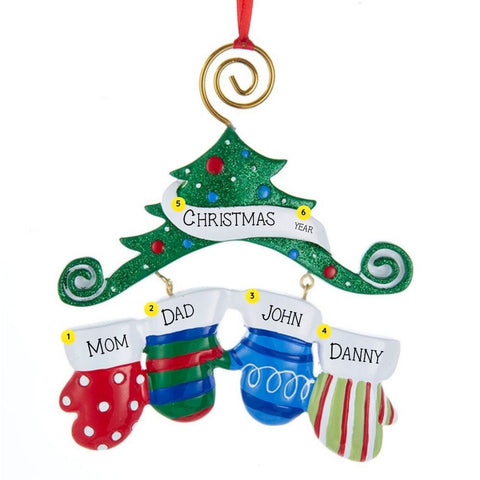 Personalized ornament with four colorful mittens hanging beneath a glittered Christmas tree, with space for four names, a holiday word or phrase, and the year.