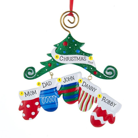Personalized ornament with five colorful mittens hanging beneath a glittered Christmas tree, with space for five names, a holiday word or phrase, and the year.