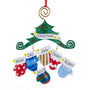 Personalized ornament with six colorful mittens hanging beneath a glittered Christmas tree, with space for six names, a holiday word or phrase, and the year.